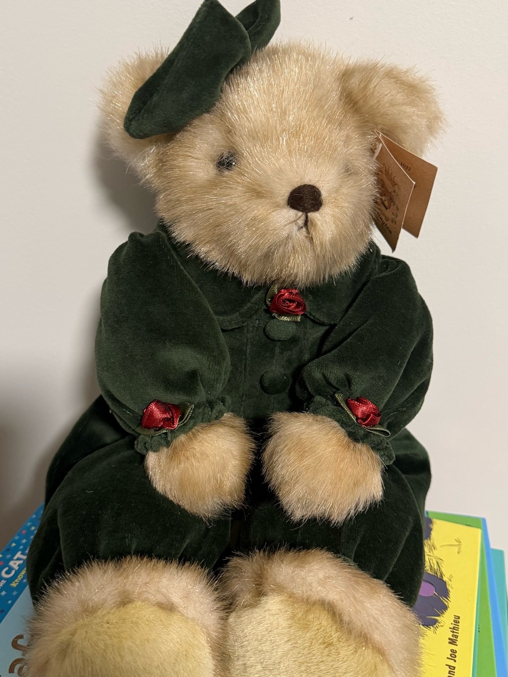 Plush Teddy Bear in Dark Green Velvet Outfit with Red Rose Accents